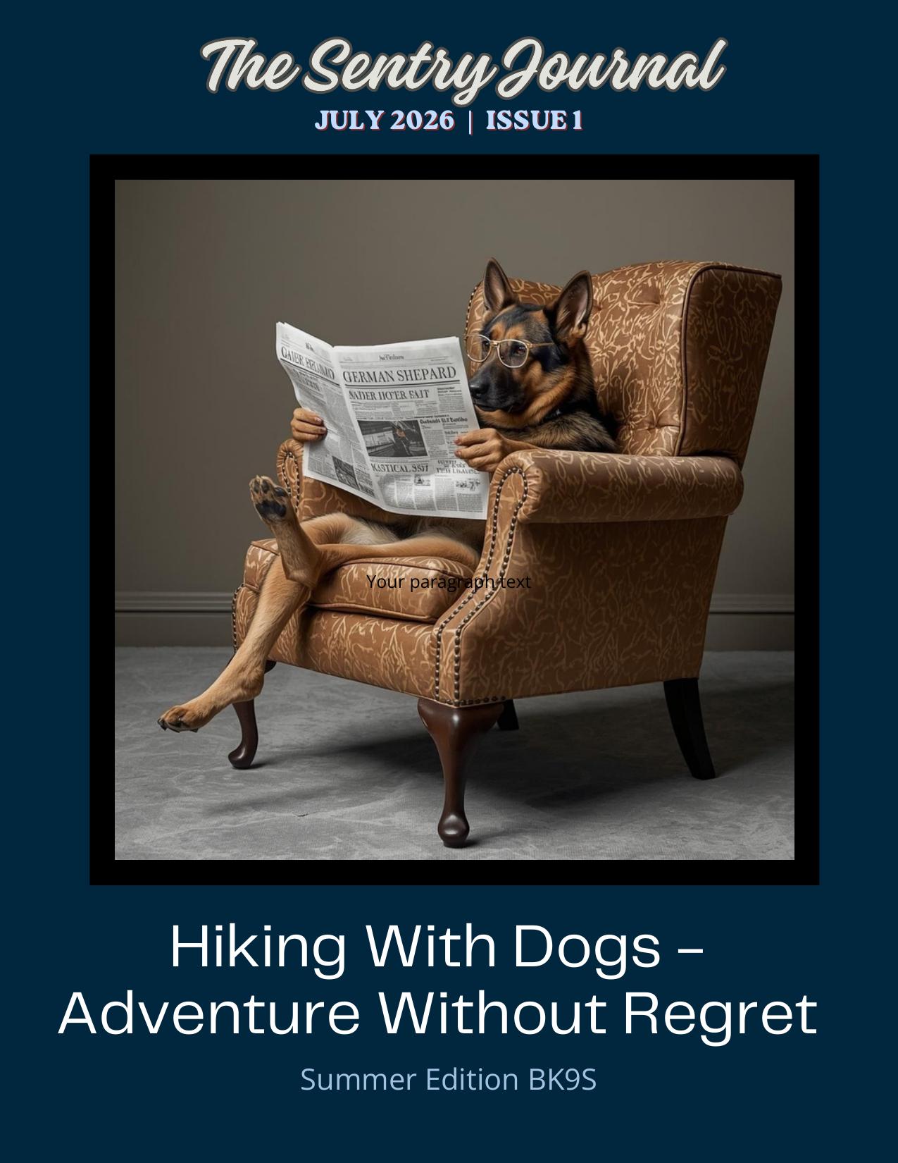 The Sentry Journal cover featuring a German Shepherd reading a newspaper