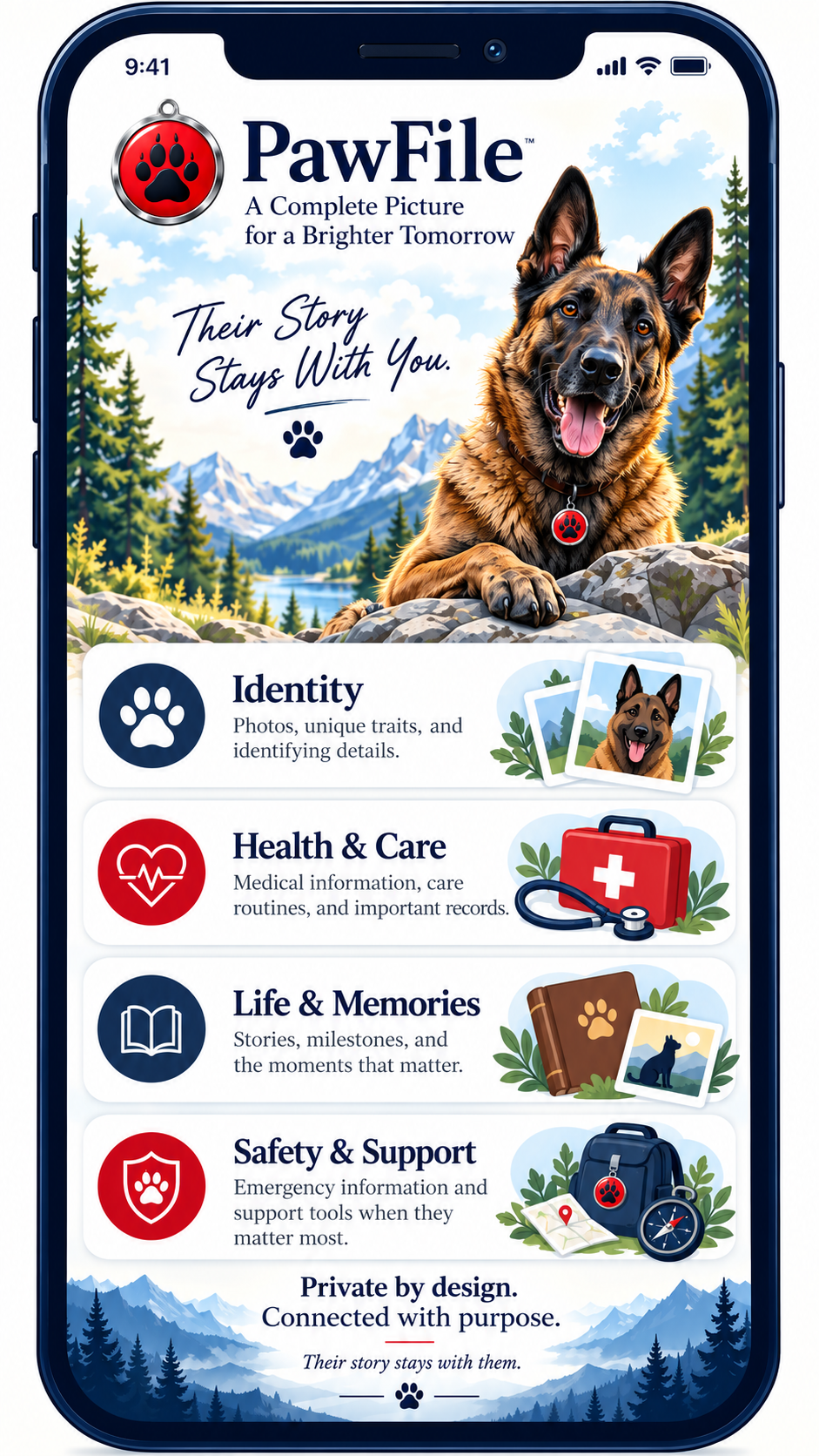 Phone preview of PawFile — their story stays with you, showing identity, health and care, life and memories, and safety and support cards